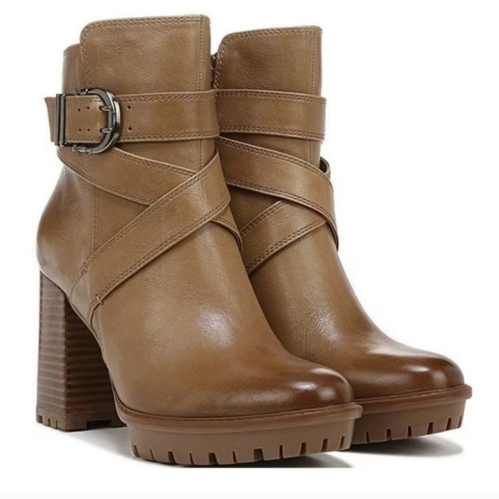 Lyra Naturalizer women's high heels boots TAN buckle water repellent 9 1/2 new